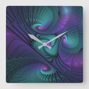 Paars ontmoet Turquoise moderne abstracte Fractal Vierkante Klok