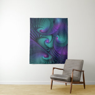 Paars ontmoet Turquoise moderne abstracte Fractal  Wandkleed