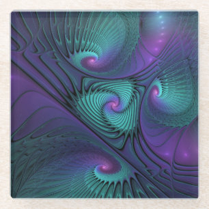 Paars Ontmoet Turquoise Moderne Abstracte Fractale Glazen Onderzetter