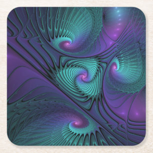 Paars Ontmoet Turquoise Moderne Abstracte Fractale Kartonnen Onderzetters
