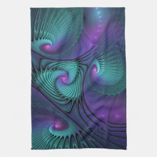 Paars ontmoet Turquoise moderne abstracte Fractale Theedoek