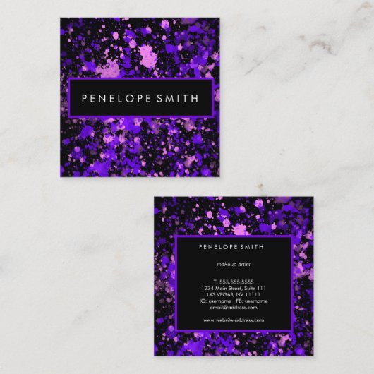 Paars op Black Paint Splatter Vierkante Visitekaartje (Voorkant / Achterkant)