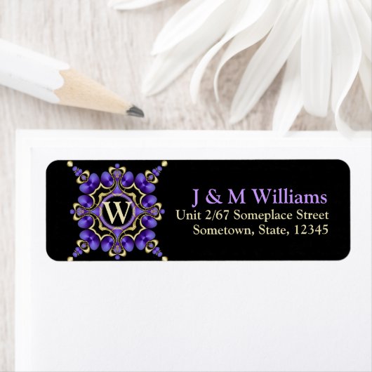 Paars op zwarte decoratieve monogram Adresetikette Etiket (Insitu)