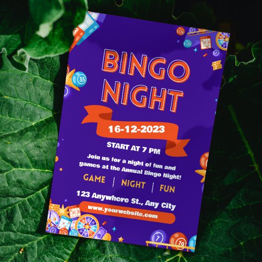Paars & Oranje Bingo Fun Night Invite Fondsenwervi Kaart