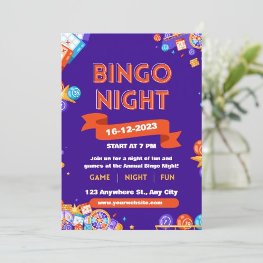 Paars & Oranje Bingo Fun Night Uitnodiging Fondsen (Staand voorkant)