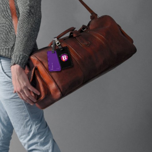 Paars oranje klassiek elegant monogram bagagelabel