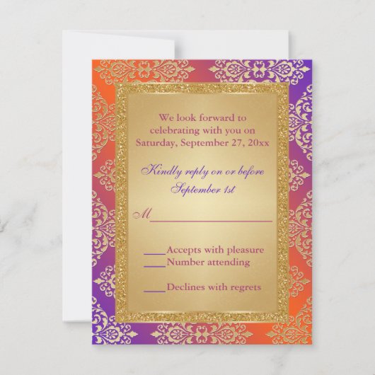 Paars Oranje NEP Goud Glitters, Damask RSVP kaart (Voorkant)