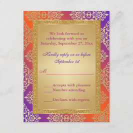 Paars Oranje NEP Goud Glitters, Damask RSVP kaart