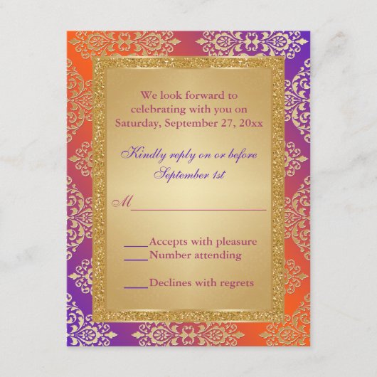 Paars Oranje NEP Goud Glitters, Damask RSVP kaart (Voorkant)