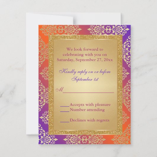 Paars Oranje NEP Goud Glitters, Damask RSVP Kaart (Voorkant)