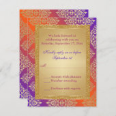 Paars Oranje NEP Goud Glitters, Damask RSVP Kaart (Voorkant / Achterkant)