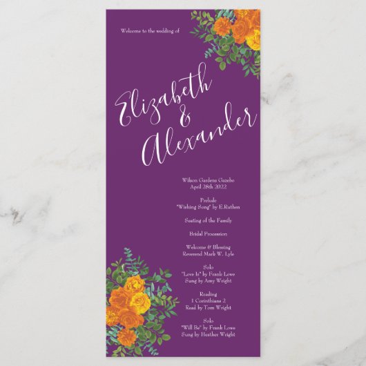 Paars Oranje Roos bruiloft Menu (Voorkant)