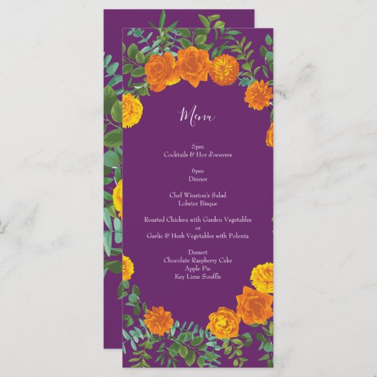 Paars Oranje Roos bruiloft Menu (Voorkant / Achterkant)