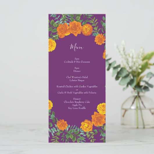 Paars Oranje Roos bruiloft Menu (Staand voorkant)