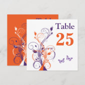 Paars Oranje Witte Bloemige Vierkante Tafelnummerk Kaart (Voorkant / Achterkant)