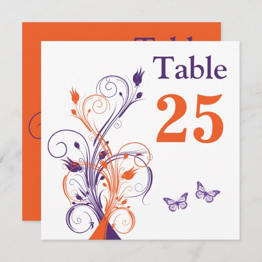 Paars Oranje Witte Bloemige Vierkante Tafelnummerk Kaart (Voorkant / Achterkant)
