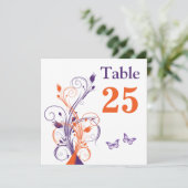 Paars Oranje Witte Bloemige Vierkante Tafelnummerk Kaart (Staand voorkant)
