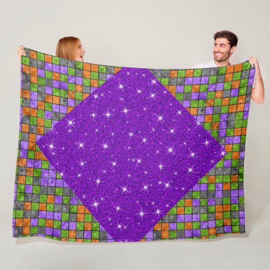 PAARS ORANJE ZWARTE GROENE HALLOWEEN KUBPATROON FLEECE DEKEN (In situ)