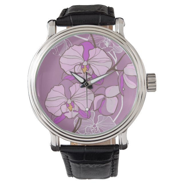 Paars Orchid Pattern Horloge (Voorkant)