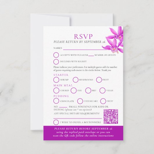 Paars orchidee waterverf RSVP QR-code (Voorkant)