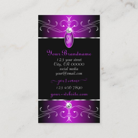 Paars Ornamenten Initialen van Majestic Black Visitekaartje (Achterkant)