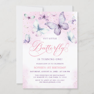 Paars-out Little Butterfly Baby Girl 1e verjaardag Kaart