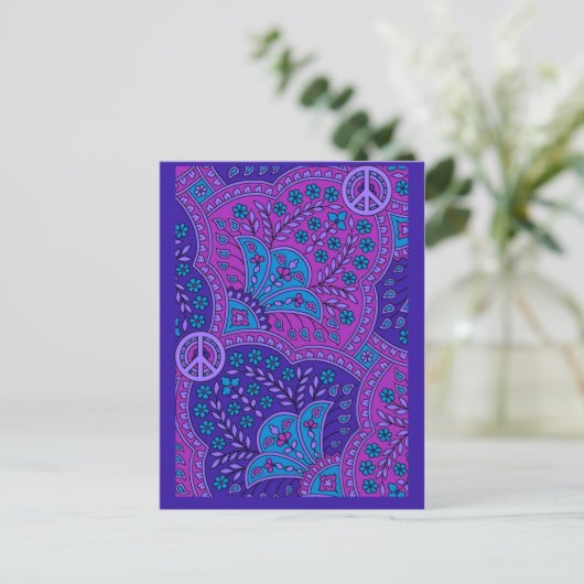 Paars Paisley met Vrede BRIEFKAARTEN voor stemming (Staand voorkant)