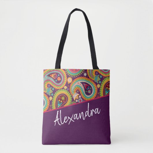 Paars Paisley Pattern, gepersonaliseerd Tote Bag (Voorkant)