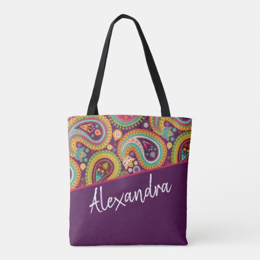 Paars Paisley Pattern, gepersonaliseerd Tote Bag (Achterkant)