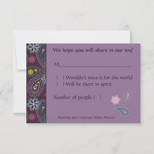 Paars Paisley RSVP Kaartje (Voorkant)