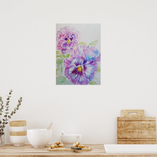Paars Pansy Art Floral Flowers Waterverf Poster (Keuken)