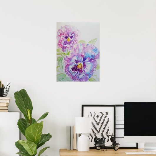 Paars Pansy Art Floral Flowers Waterverf Poster (Thuiskantoor)