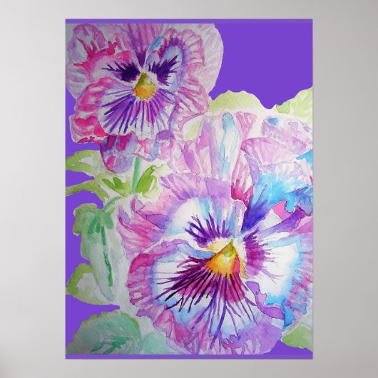 Paars Pansy Floral Flowers Waterverf Poster (Voorkant)