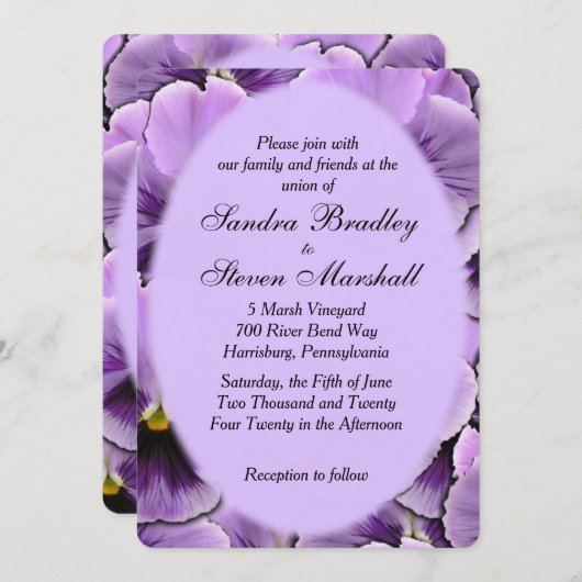 Paars Pansy Wedding Invitation Kaart (Voorkant / Achterkant)