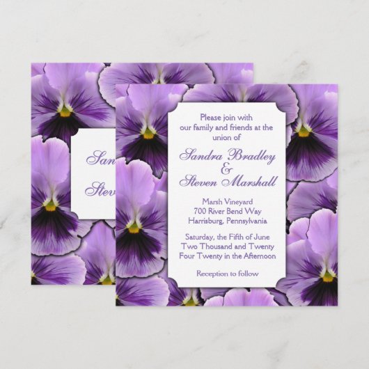 Paars Pansy Wedding Invitation Kaart (Voorkant / Achterkant)