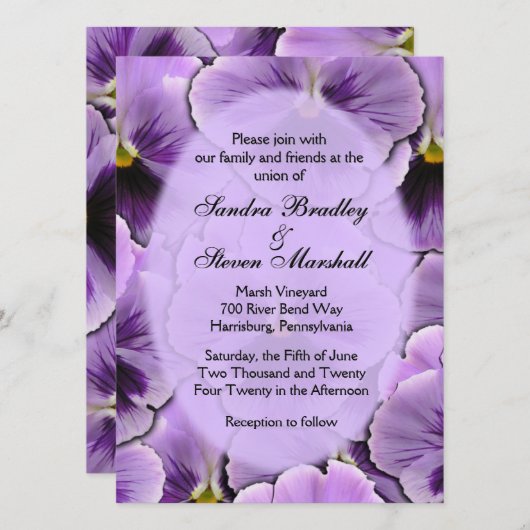 Paars Pansy Wedding Invitation Kaart (Voorkant / Achterkant)