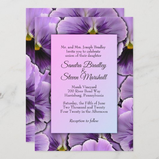 Paars Pansy Wedding Invitation Kaart (Voorkant / Achterkant)