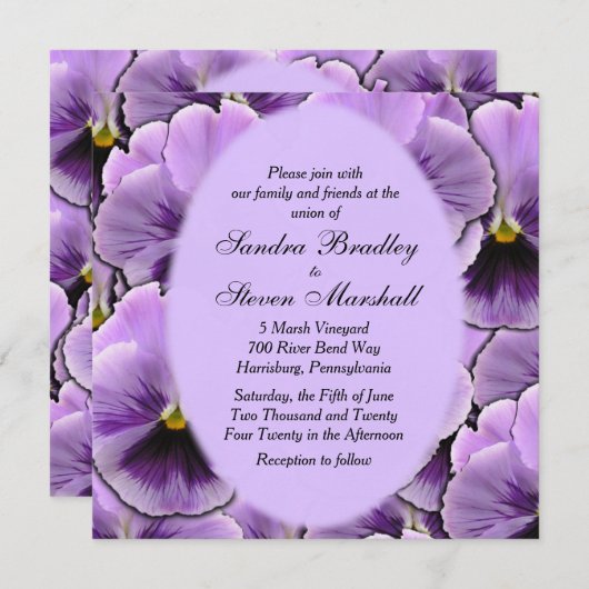 Paars Pansy Wedding Invitation Kaart (Voorkant / Achterkant)