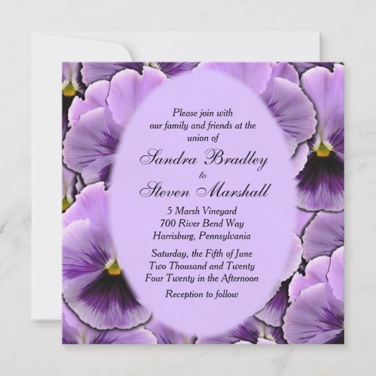 Paars Pansy Wedding Invitation Kaart (Voorkant)