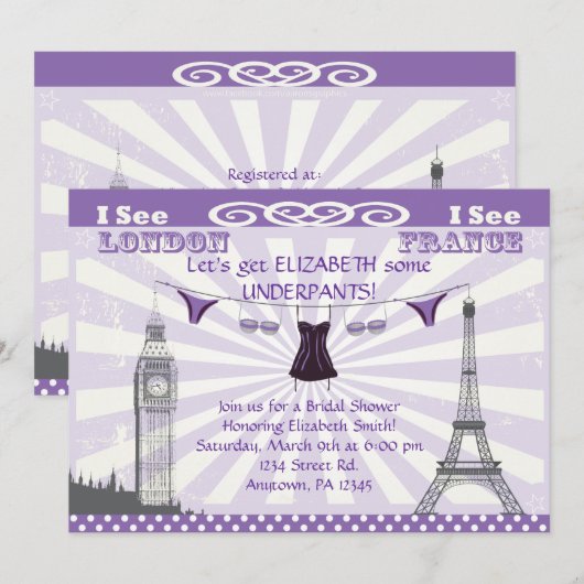 Paars Paris Bridal Shower Invitations Kaart (Voorkant / Achterkant)