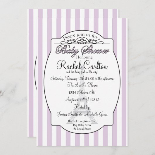 Paars Paris Theme Baby shower Uitnodiging (Voorkant / Achterkant)