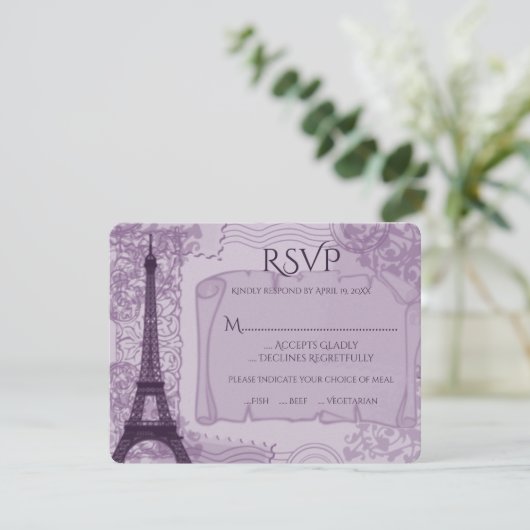 Paars Parisian Wedding RSVP Kaart (Staand voorkant)