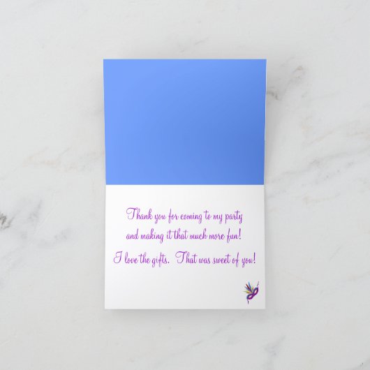 Paars partijmasker bedankt kaarten (Binnen)
