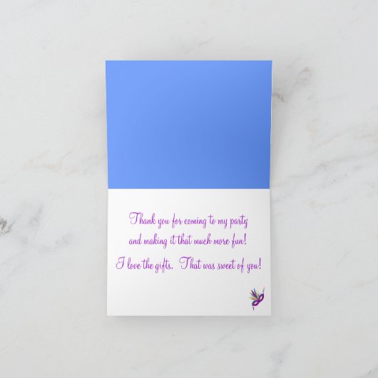 Paars partijmasker bedankt kaarten (Binnen)