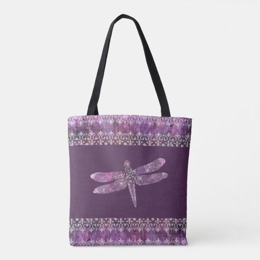 Paars Patina: Dragonfly Filigree Tote Bag (Achterkant)