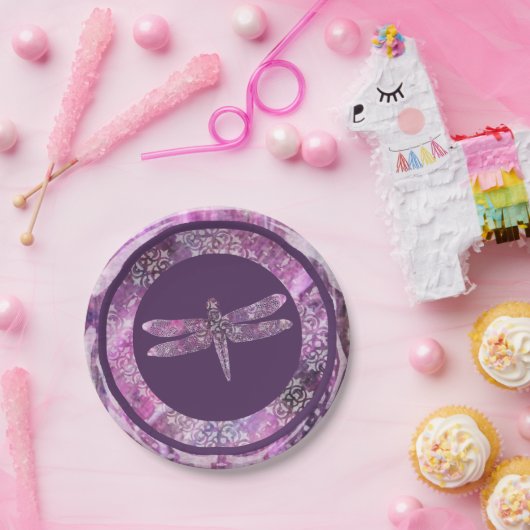 Paars Patina: Dragonfly Papieren Bordje (Feest)