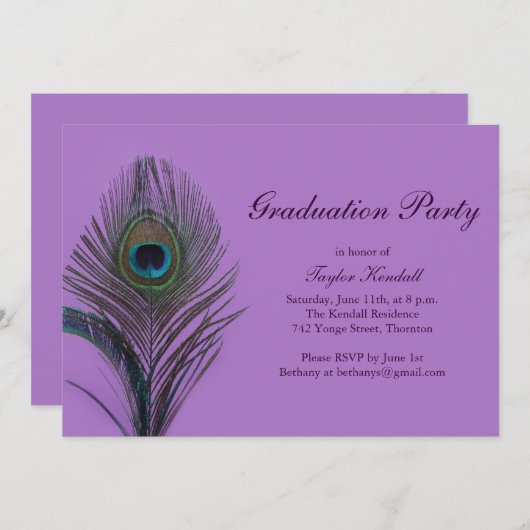 Paars Peacock Afstuderen Uitnodiging (Voorkant / Achterkant)