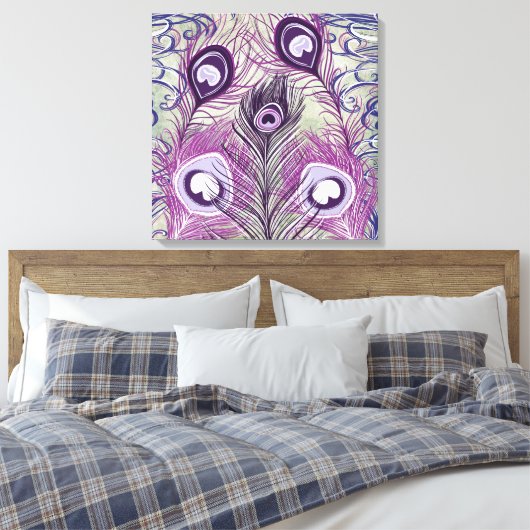 Paars Peacock Feathers elegant design Canvas Afdruk (Insitu (Slaapkamer))
