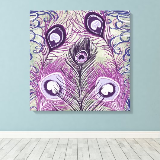  Paars Peacock Feathers elegant design Canvas Afdruk (Insitu (Houten vloer))