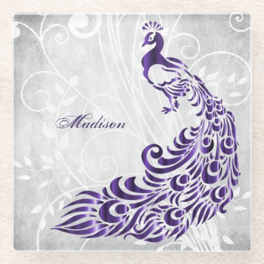 Paars Peacock - Gepersonaliseerd Onderzetter van g Glazen Onderzetter (Voorkant)